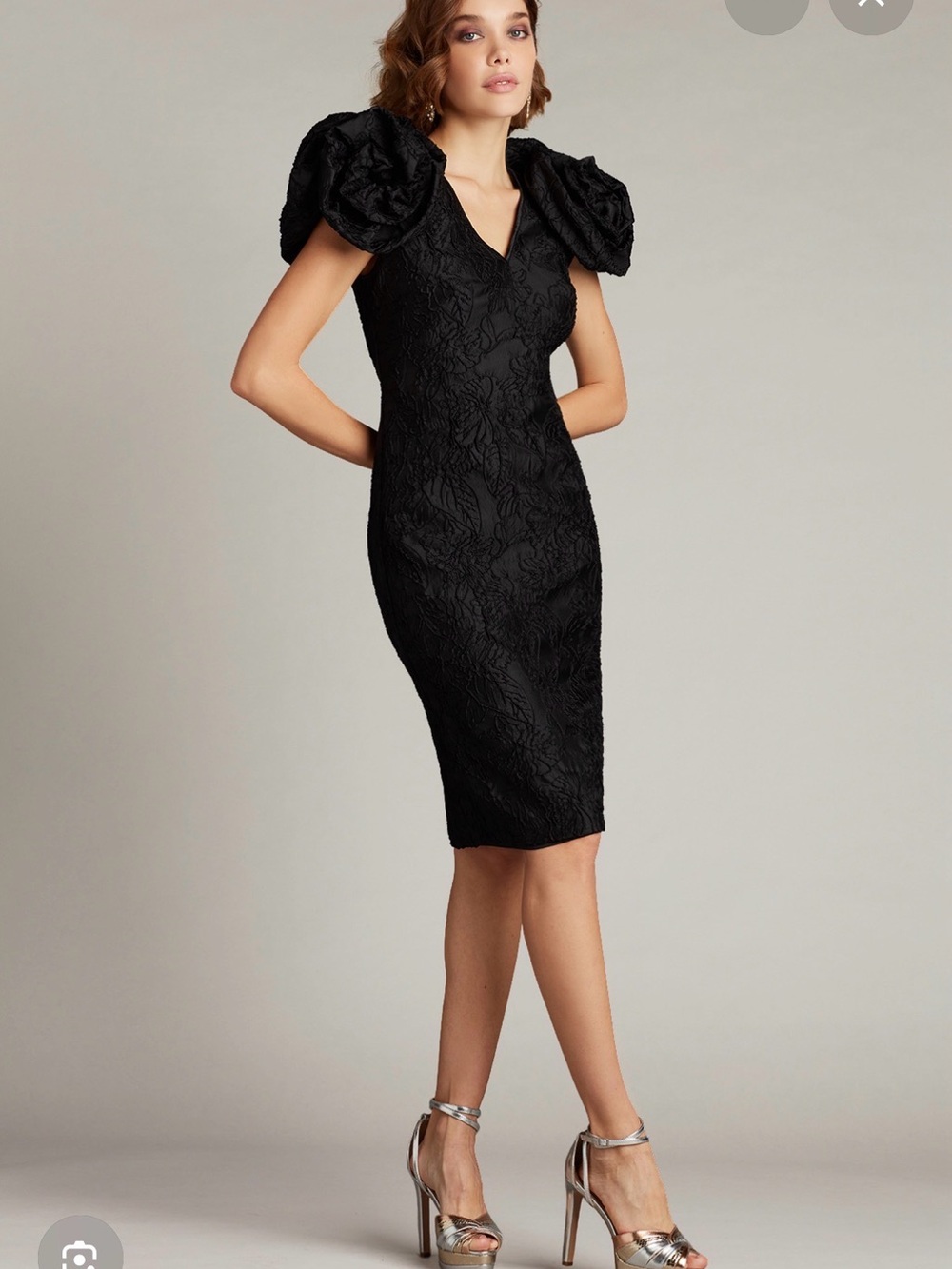 Tadashi Shoji Black Textured Midi Dress with Statement Puff Shoulders